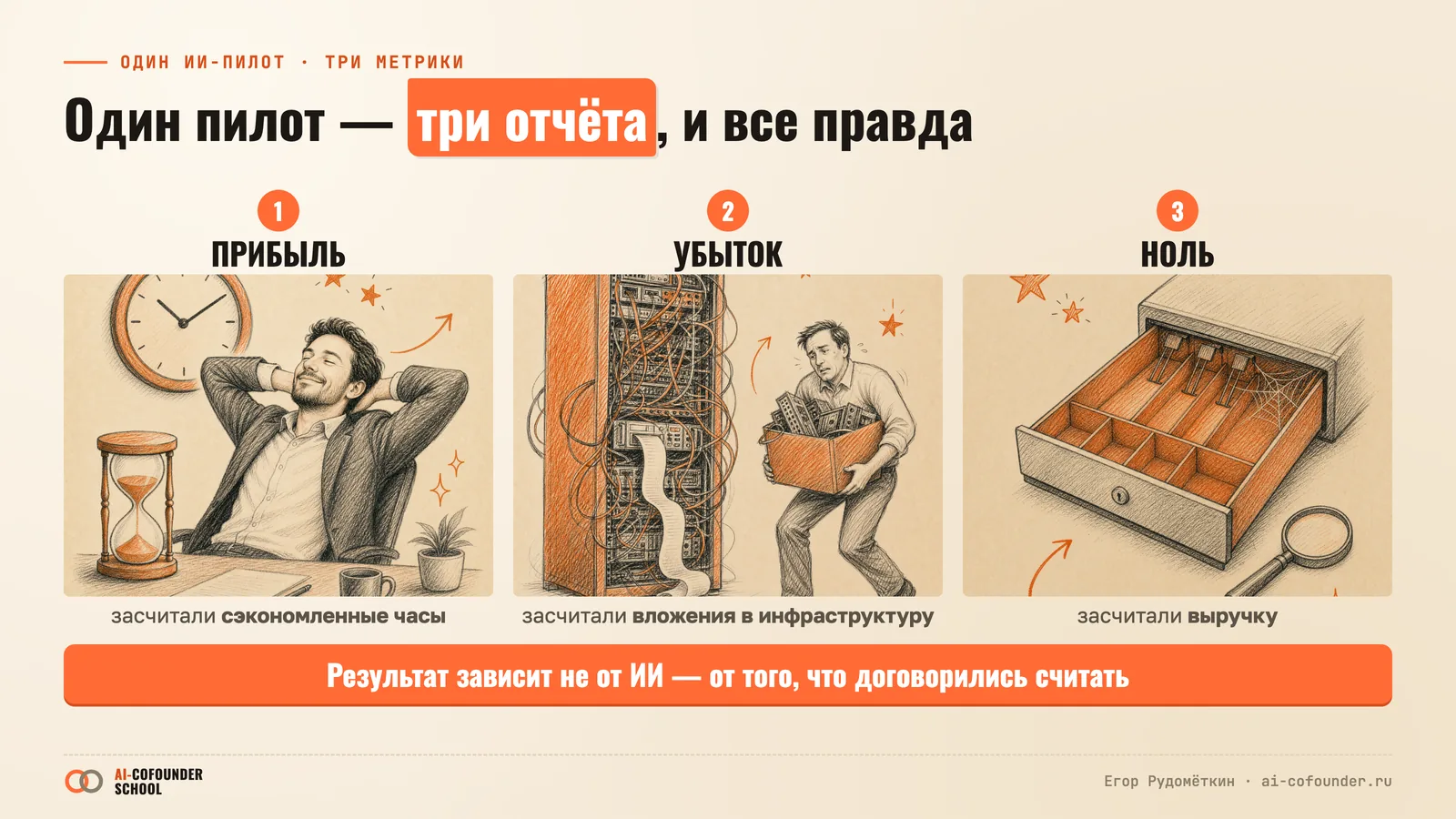 Схема: один и тот же ИИ-пилот даёт три итога — плюс, минус и ноль, в зависимости от выбранной метрики