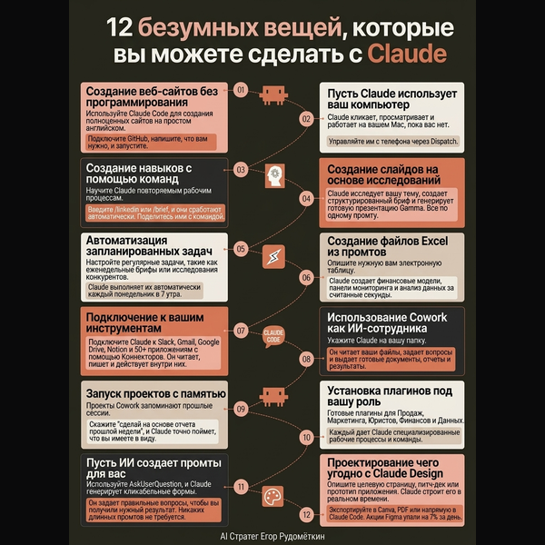 Инфографика «12 безумных вещей с Claude»: создание сайтов без программирования, управление компьютером, автоматизация, навыки и плагины